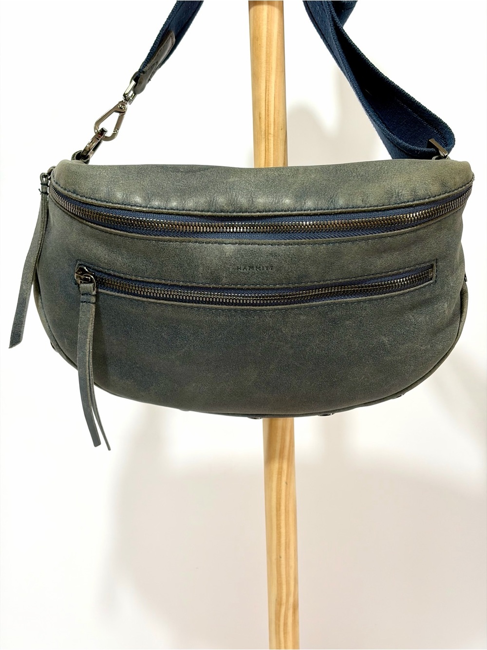 Hammitt Charles LgCrossbody Bag In Distressed Washed Slate Blue Leather/Gunmetal - Picture 10 of 14